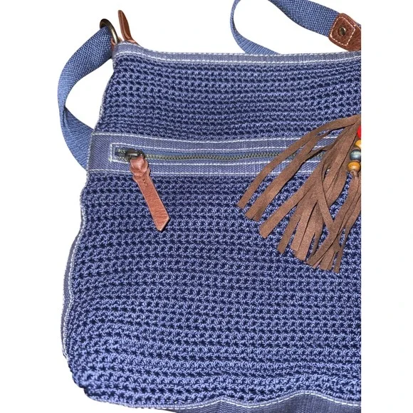 The Sak Crossbody Navy Blue Crochet Tassel Charm Zipper Pocket Bag Purse - Picture 6 of 12